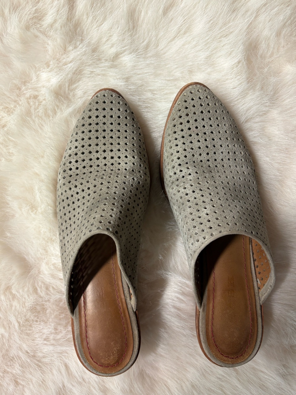 Perforated Suede Slip-On Mules - Light Gray